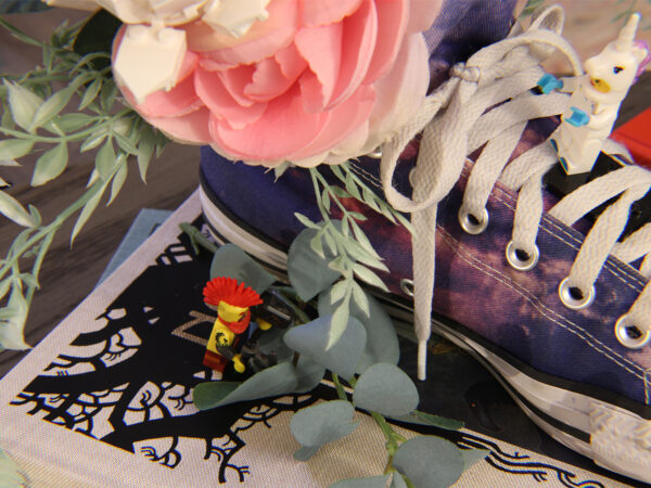 Lego viking and lego unicorn standing on book and high top converse with flowers