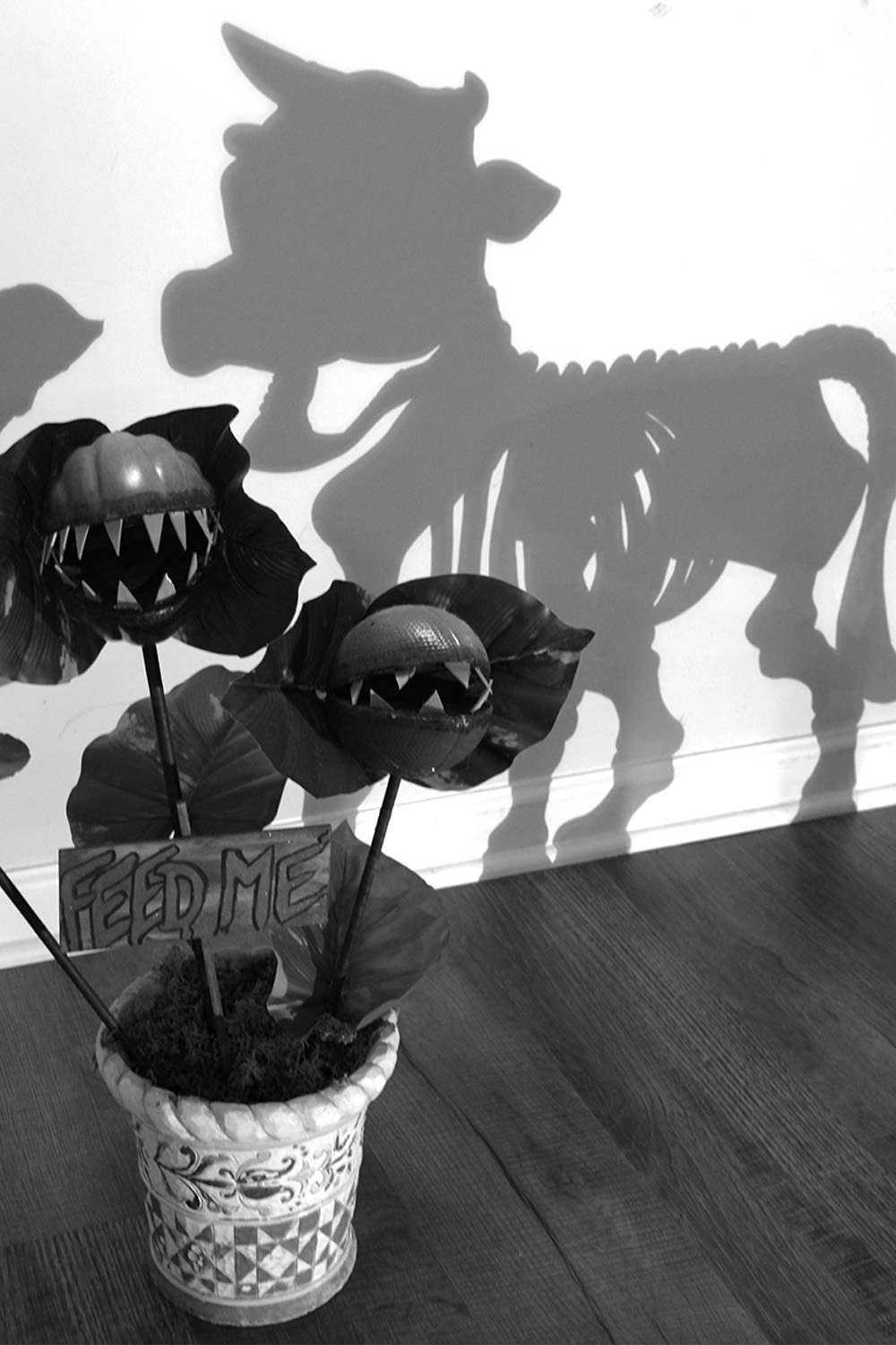 shadow of a skeleton cow trying to eat a scary plant with feed me sign