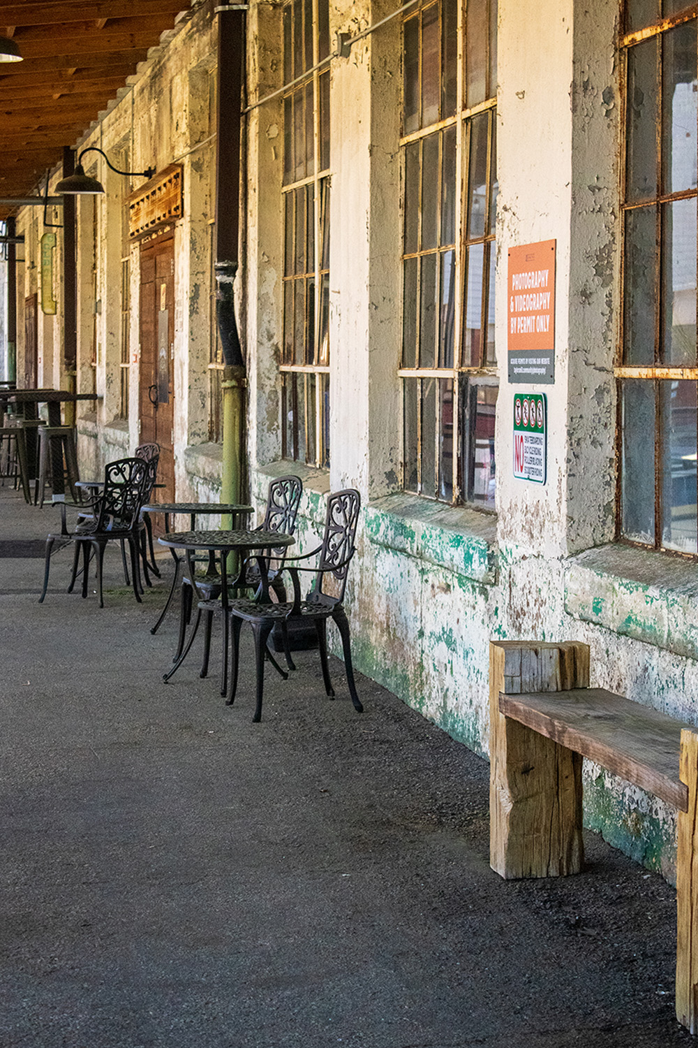 outdoor seating area at an old paper mill